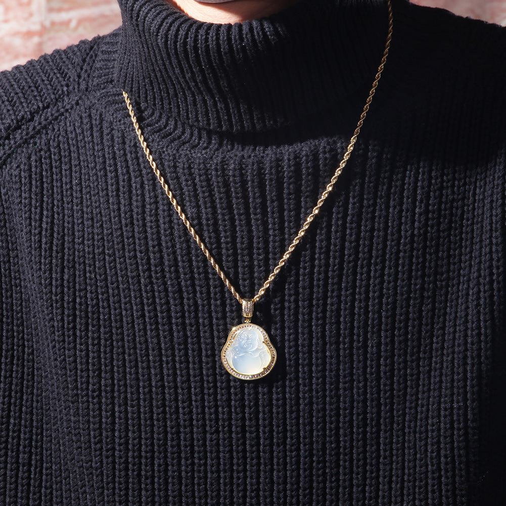 Jewelry Hip Hop Necklace Chalcedony Maitreya Buddha Zircon Pendant Far East Jesus Pieces Royalty